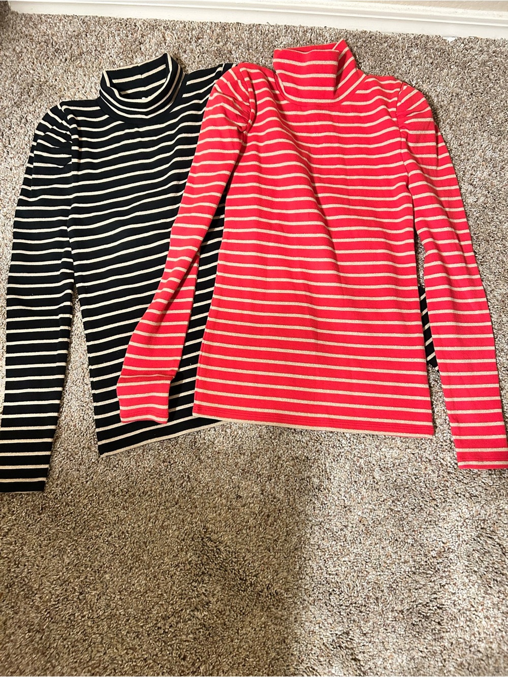 Two J Crew Red and Black  Puff-Sleeve Turtleneck with Metallic Gold Stripes  XXS